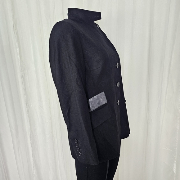 Akris Punto black wool military jacket blazer leather trim mono pinstripe 8 - Picture 4 of 12